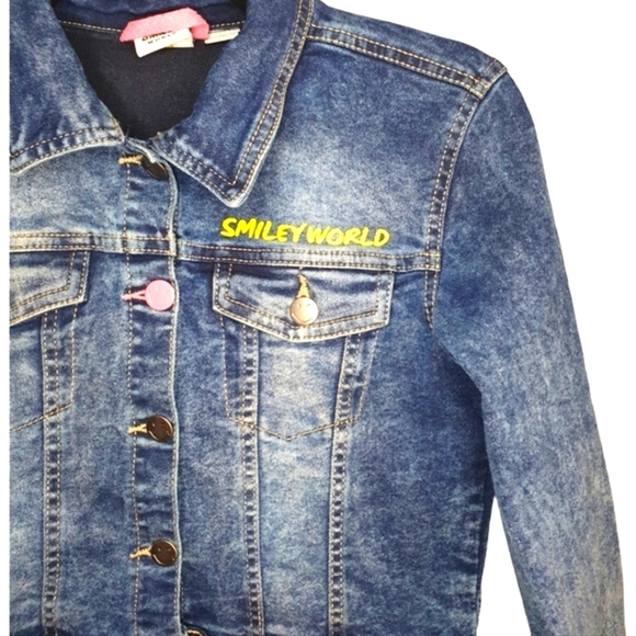 SMILEY WORLD Kids Cropped Punk Jean Trucker Jacket Yellow Smiley Face Girl Sz 12 - Picture 2 of 10